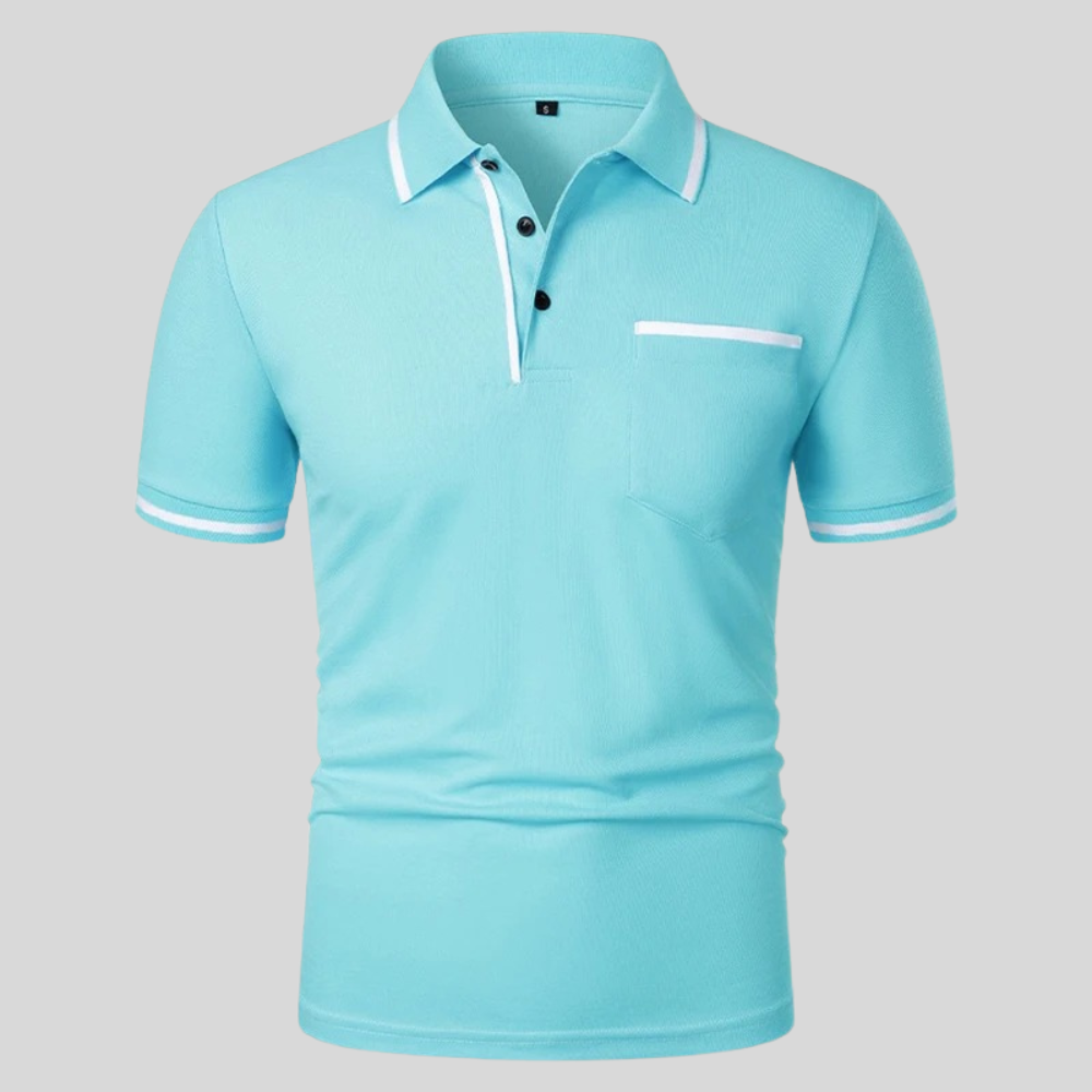 Lake blue short-sleeve polo shirt with dark trim, button placket, and chest pocket.