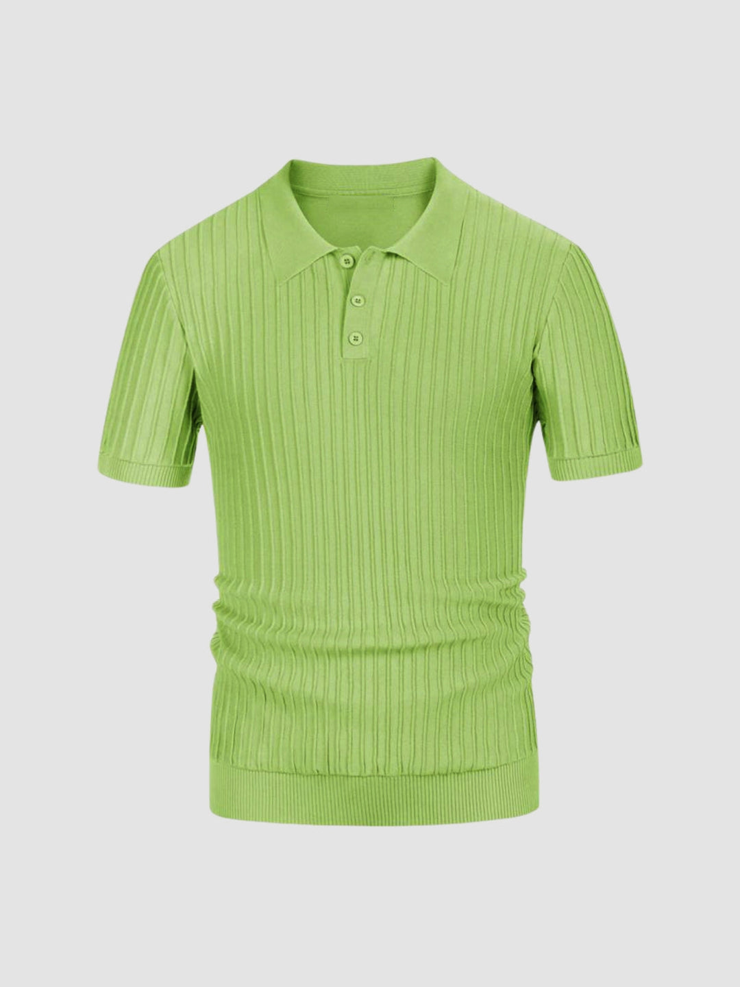 Green rib-knit polo shirt with button placket, short sleeves, and knit collar