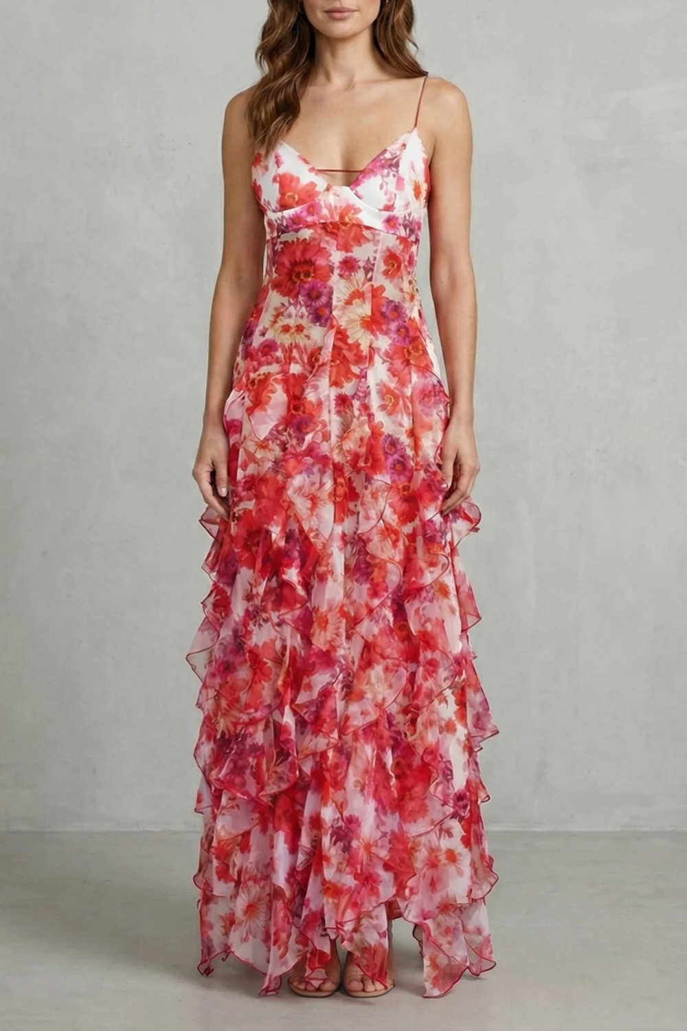 Ruffled chiffon maxi dress, rose red floral print, spaghetti straps, V-neck