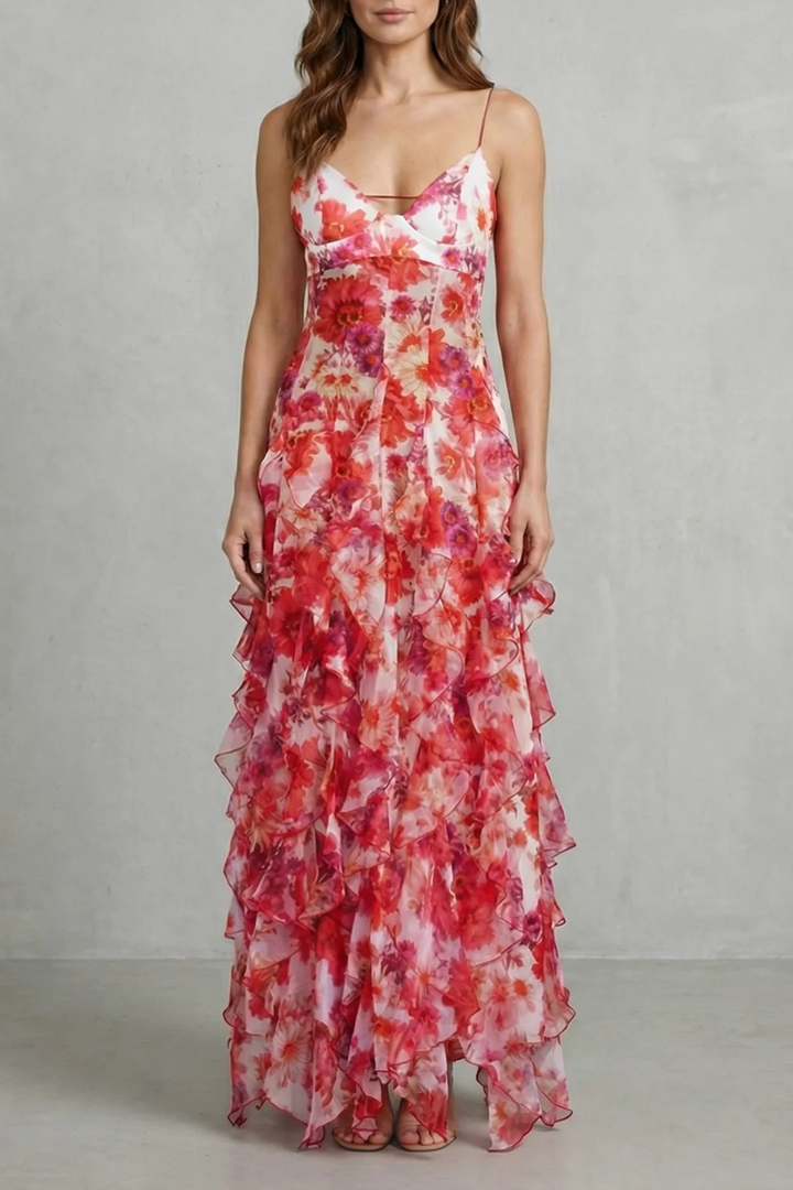 Ruffled chiffon maxi dress, rose red floral print, spaghetti straps, V-neck