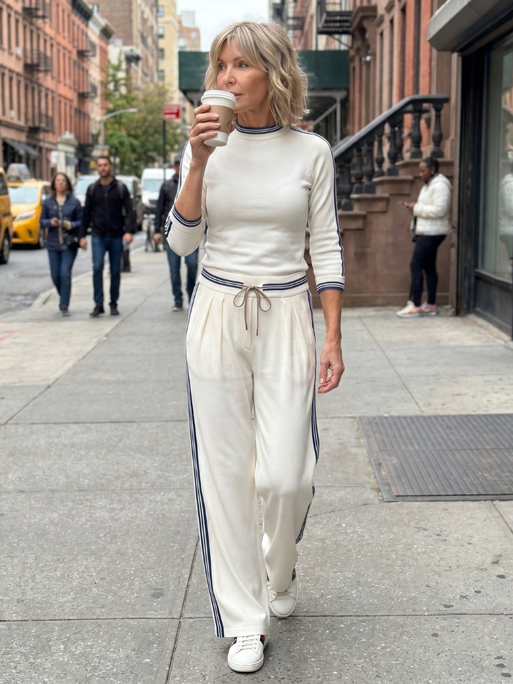 White stripe lounge set with mock neck top and wide-leg joggers, side stripe panels