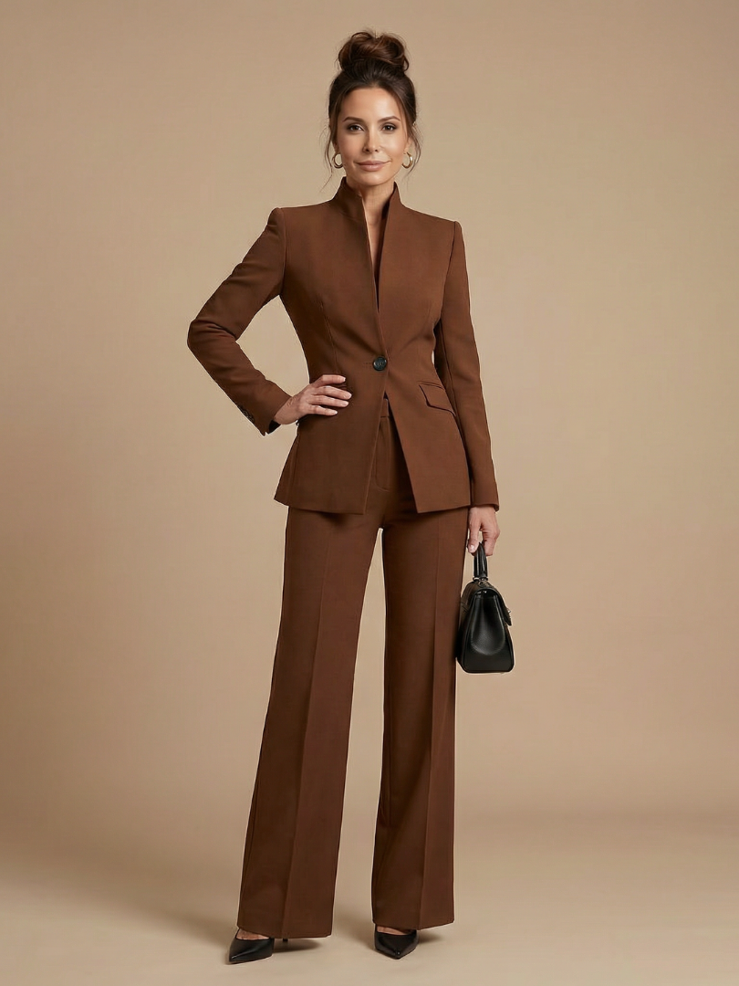 Women's belted blazer set in brown with notch lapel blazer and wide-leg pants