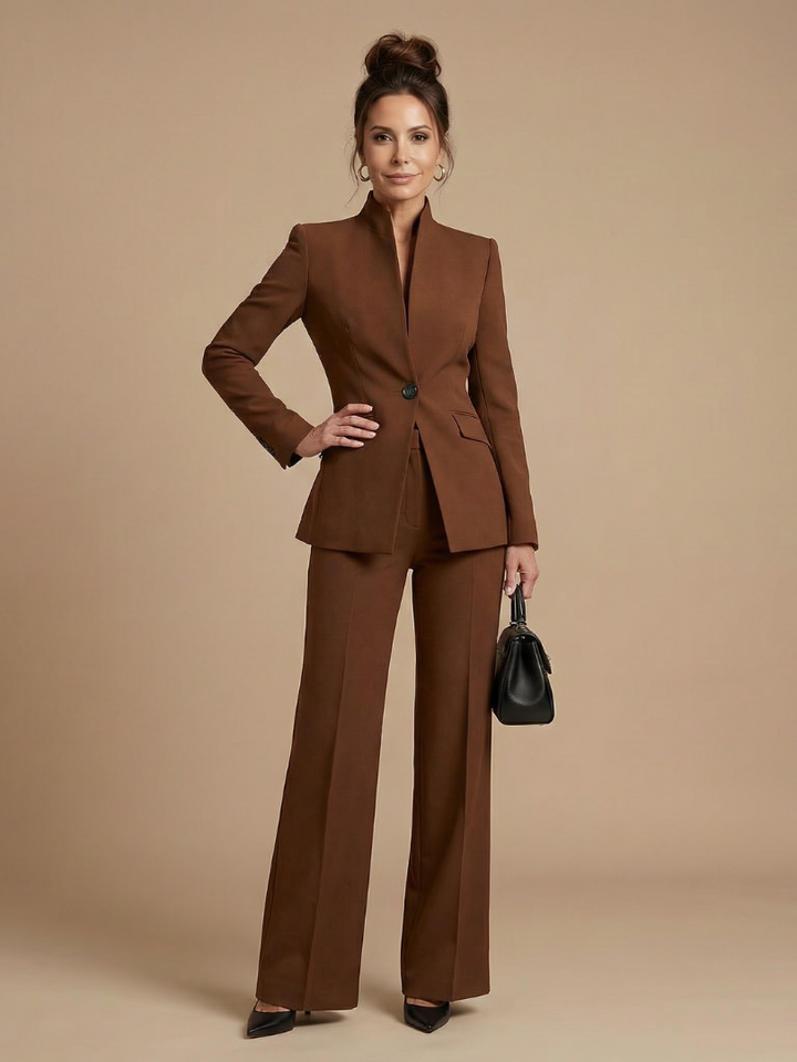 Women's belted blazer set in brown with notch lapel blazer and wide-leg pants