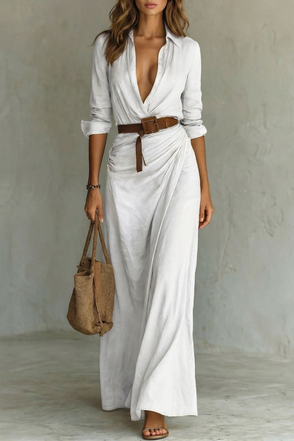 White wrap maxi dress with button-front V-neck and long sleeves
