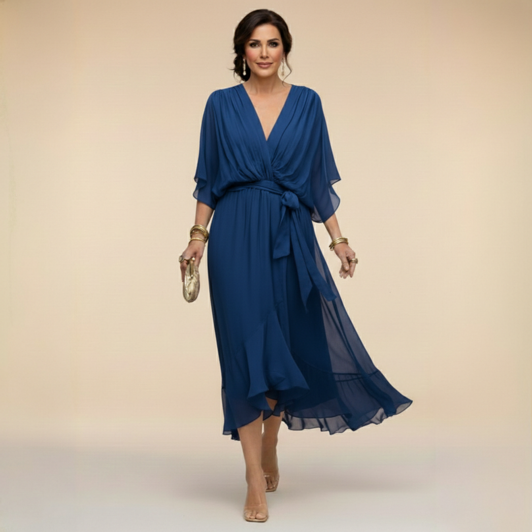 Blue V-neck wrap midi dress with waist tie and fluttery chiffon sleeves