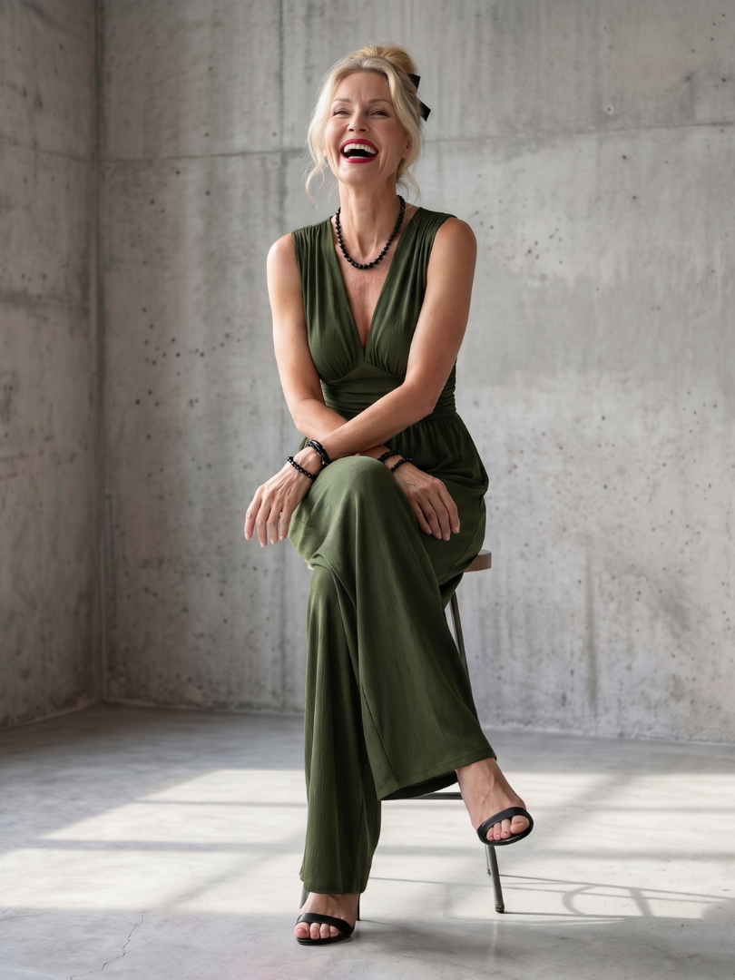 Green twist-front sleeveless jumpsuit with V neckline and wide-leg pant