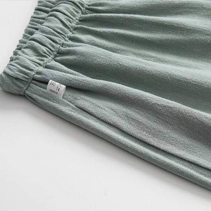 Light green linen waistband detail with gathered elastic and tie drawstring
