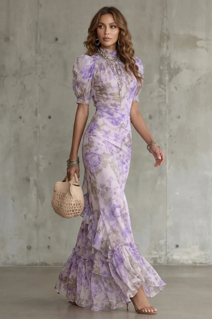 Lilac floral puff-sleeve maxi dress with tiered ruffle hem and elbow-length sleeves