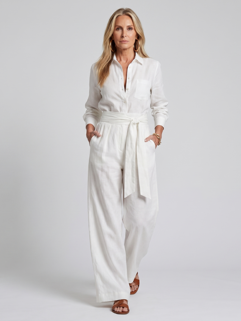White tie-waist jumpsuit with button-front and long sleeves