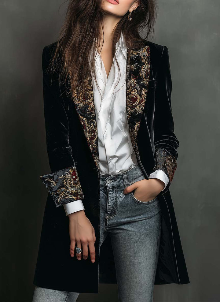Vivienne | Black Velvet Baroque Longline Blazer