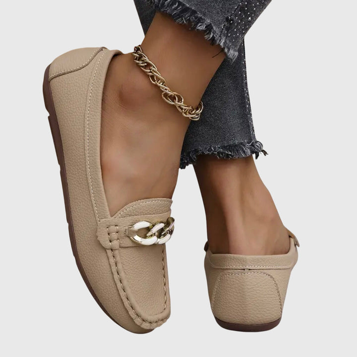 Beige chain loafers, slip-on moc-toe with braided chain front ornament