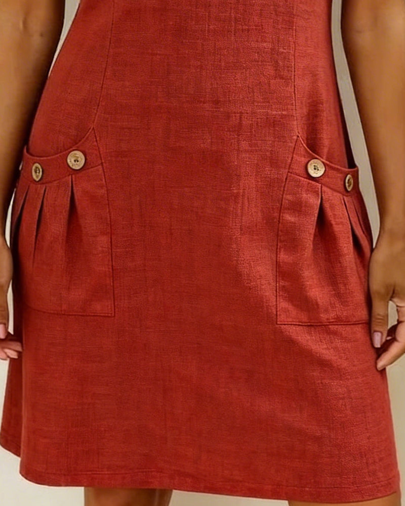 Rust red casual dress with two front pockets and gathered pocket-top detail