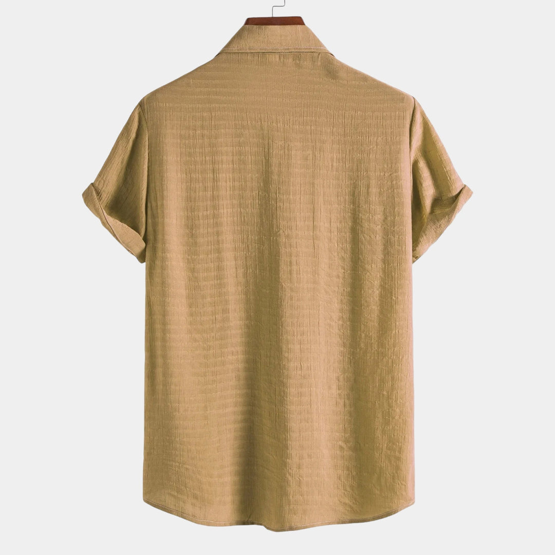 Khaki short-sleeve button-up summer shirt, back view with spread collar