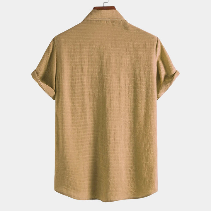 Khaki short-sleeve button-up summer shirt, back view with spread collar
