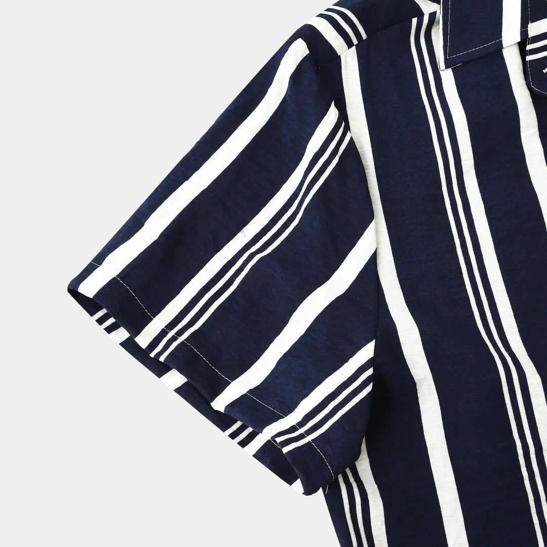Navy blue short-sleeve striped shirt sleeve with white vertical stripes