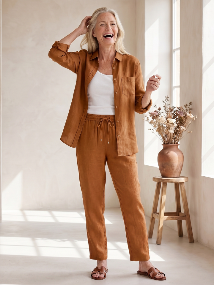 Brown button-front shirt and drawstring pants two-piece set