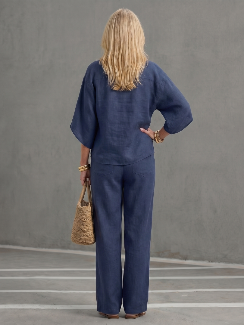 Navy button blouse and wide-leg pants set seen from the back, three-quarter sleeves.