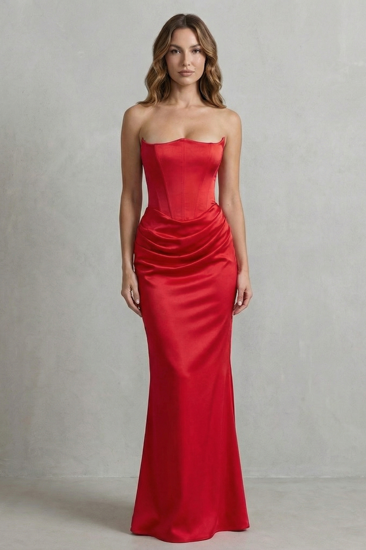 Red strapless corset maxi dress with gathered sweetheart bodice and draped skirt