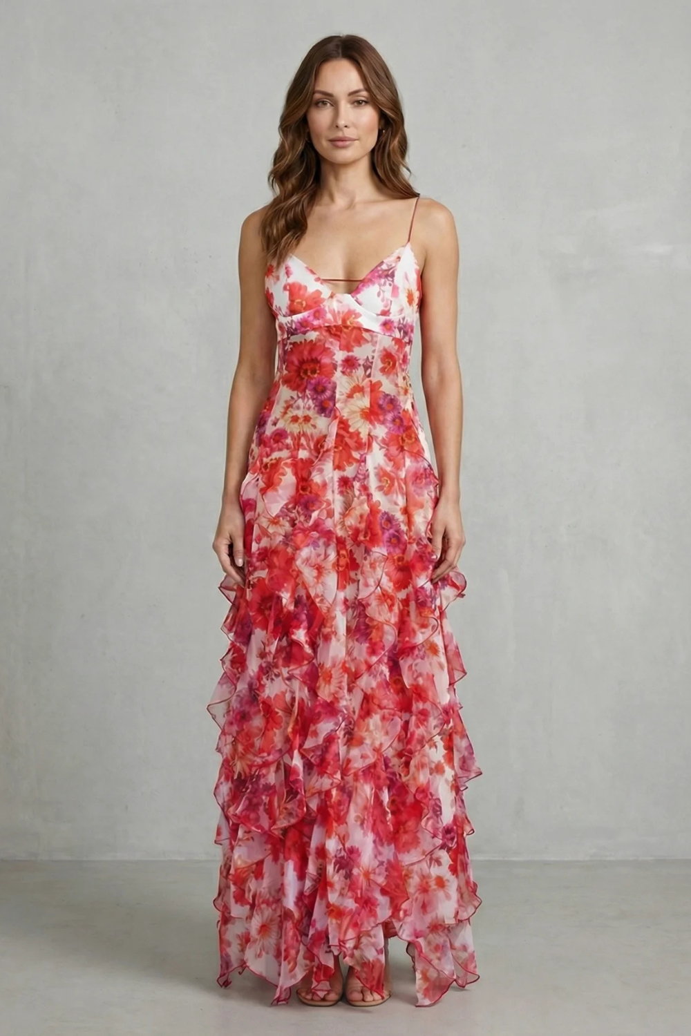 Ruffled chiffon maxi dress with rose red floral print and spaghetti straps