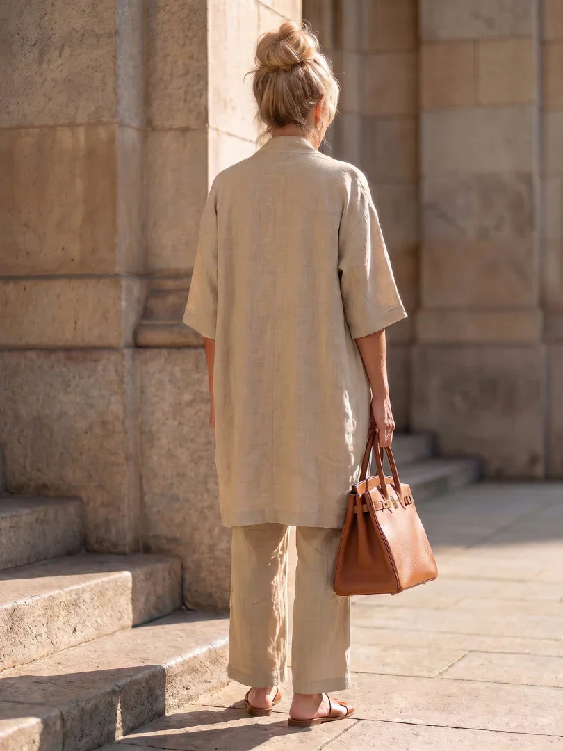 Khaki lounge set with back view robe and wide-leg pants