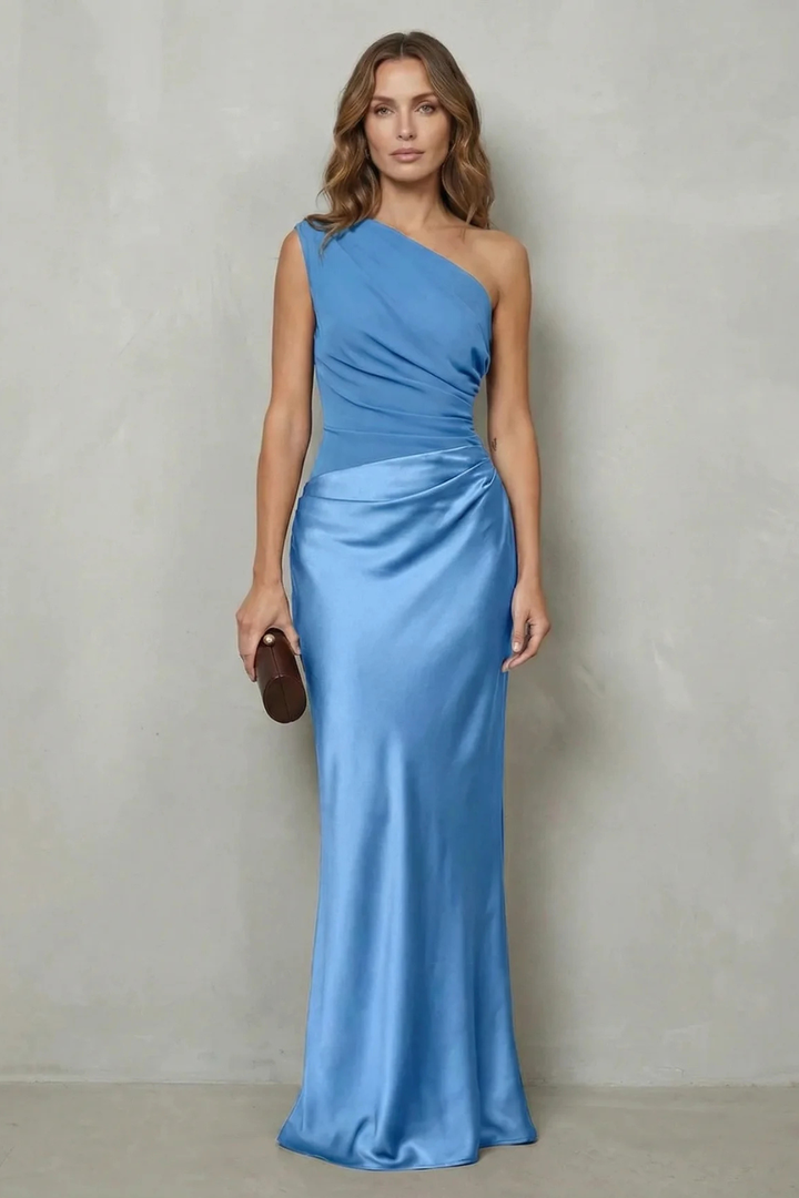 Light blue one-shoulder satin evening gown with diagonal ruching and long column skirt