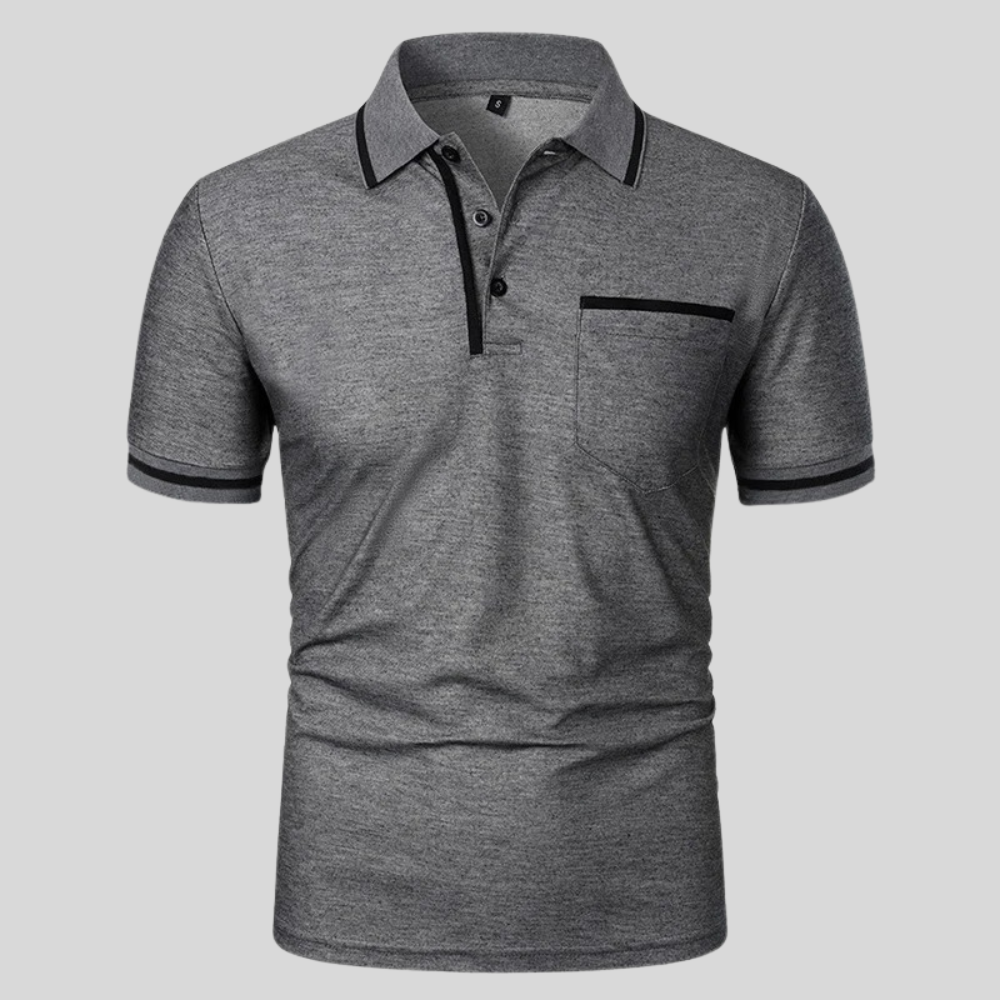 Dark gray short-sleeve polo shirt with black trim, button placket, and chest pocket.