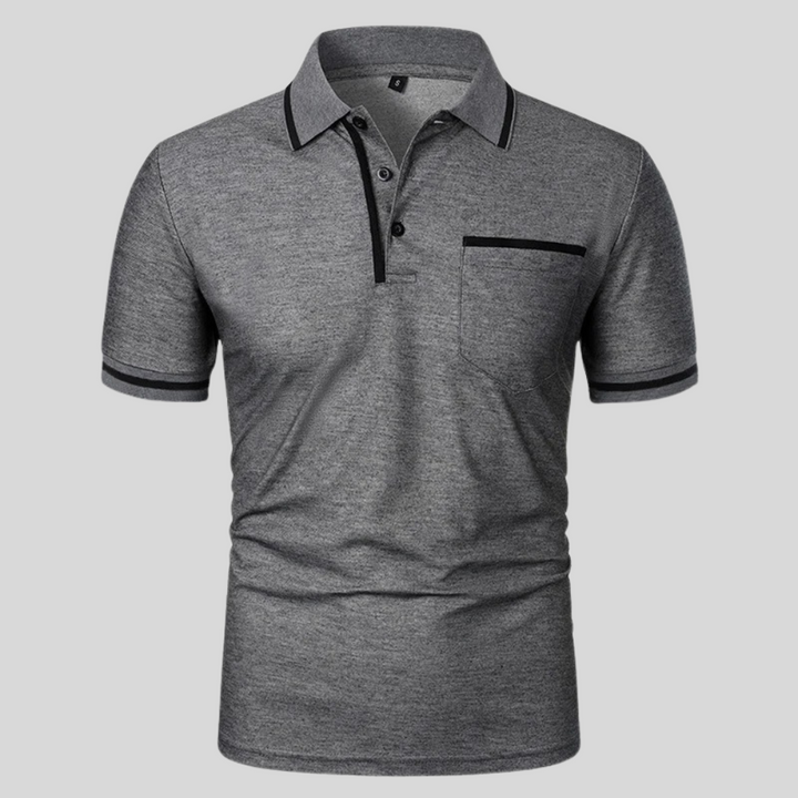 Dark gray short-sleeve polo shirt with black trim, button placket, and chest pocket.