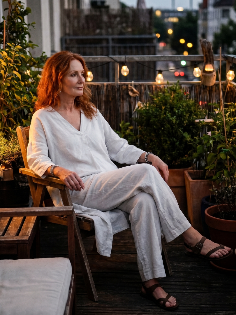 Light blue linen two-piece set seated: V-neck tunic top and wide-leg pants.
