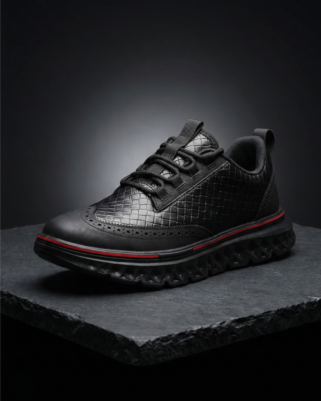Black dress sneaker with quilted texture, lace-up front, and red-trim tread