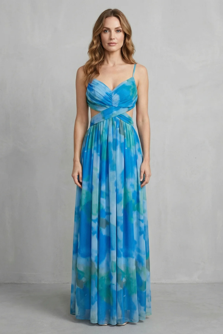 Blue watercolor sleeveless maxi dress with thin straps, ruched sweetheart bodice, full flowing skirt