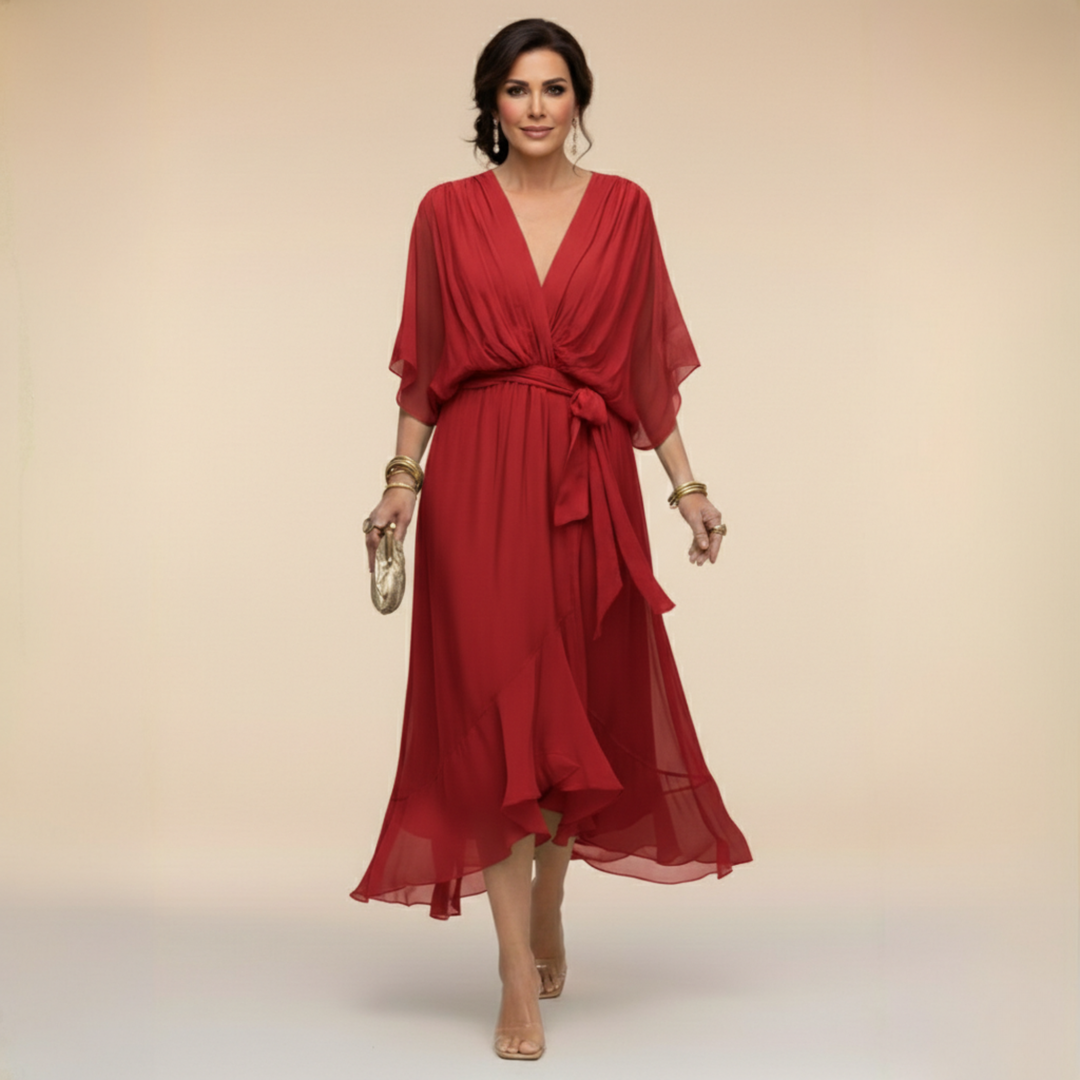 Red V-neck wrap midi dress with waist tie and flowing chiffon layers