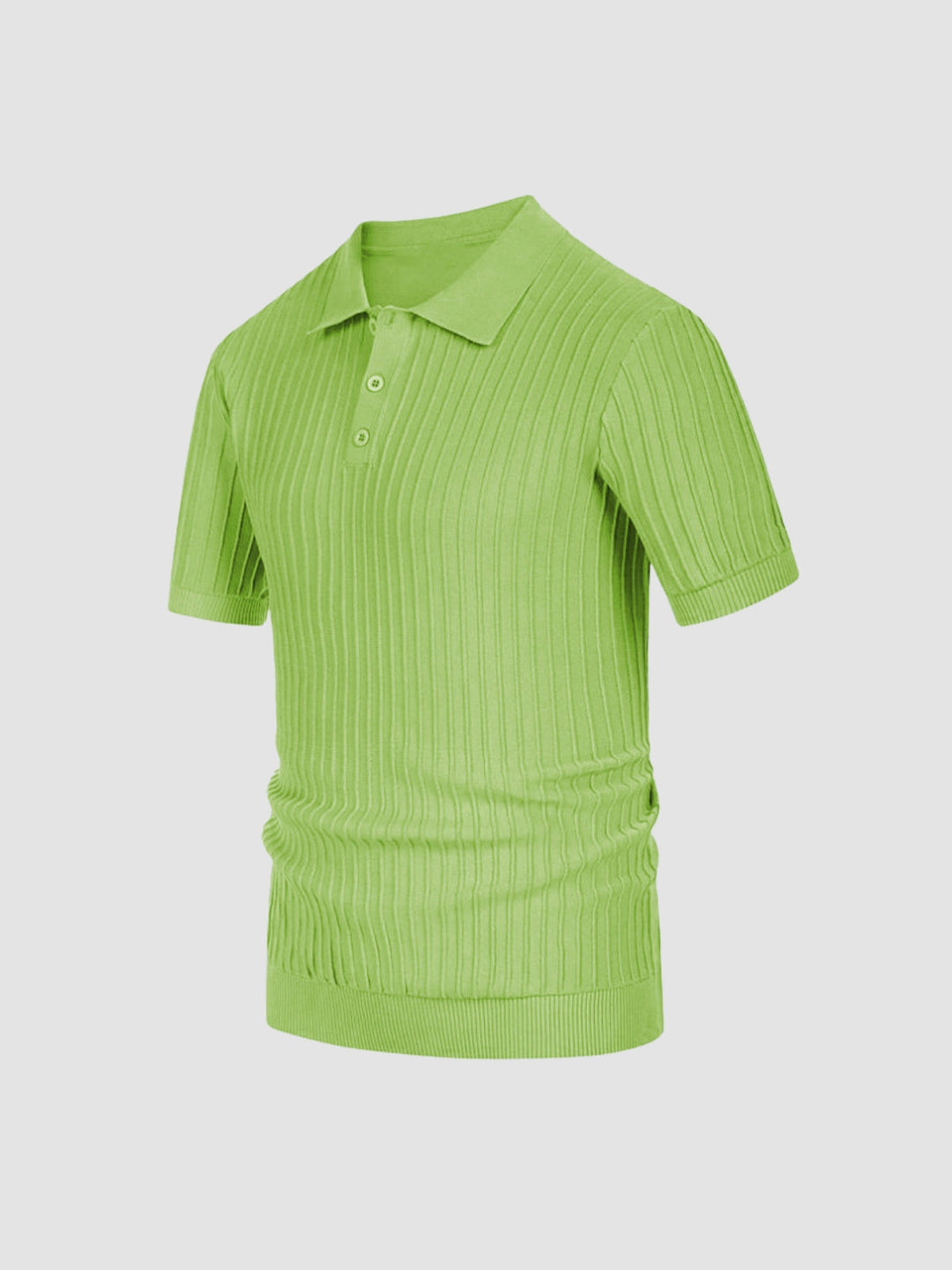 Green rib-knit polo shirt, front view with button placket and short sleeves