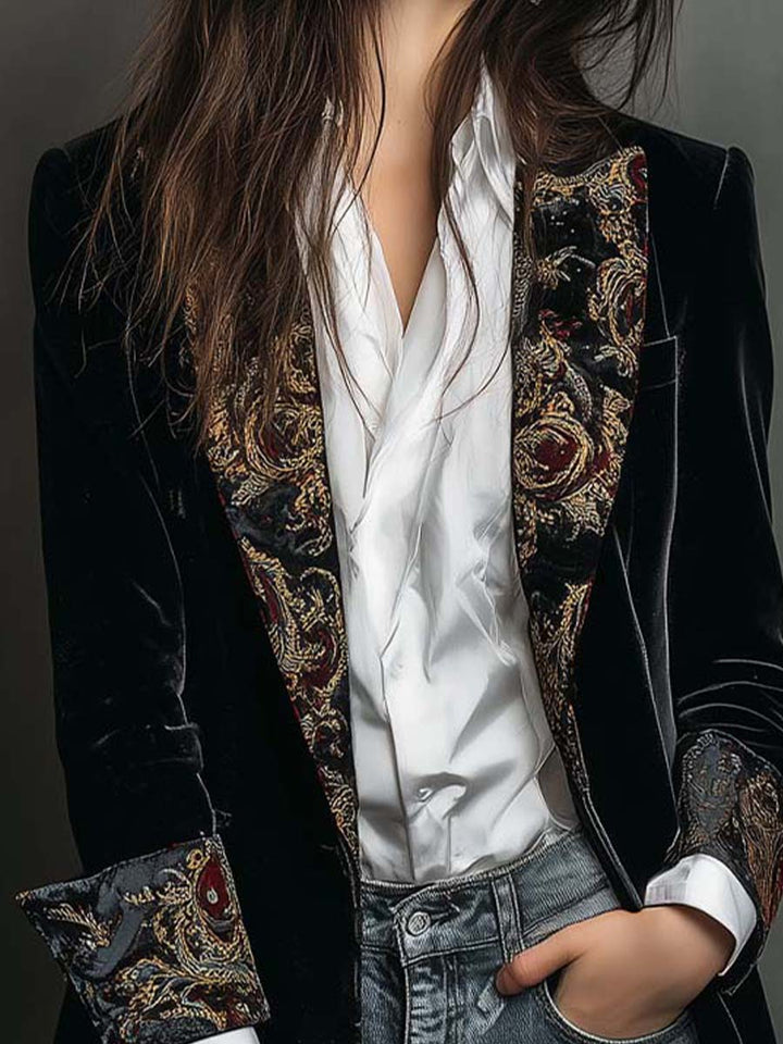 Vivienne | Black Velvet Baroque Longline Blazer