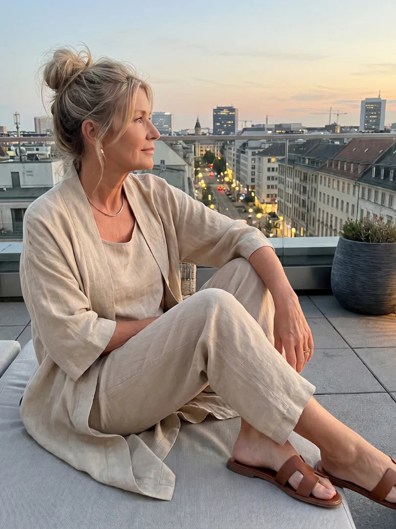 Beige lounge set with short-sleeve top, elastic-waist pants, and open cardigan-style duster