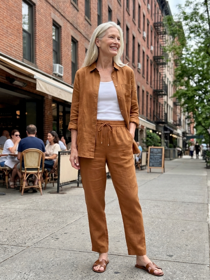 Brown button-front shirt and drawstring pants two-piece set, street style