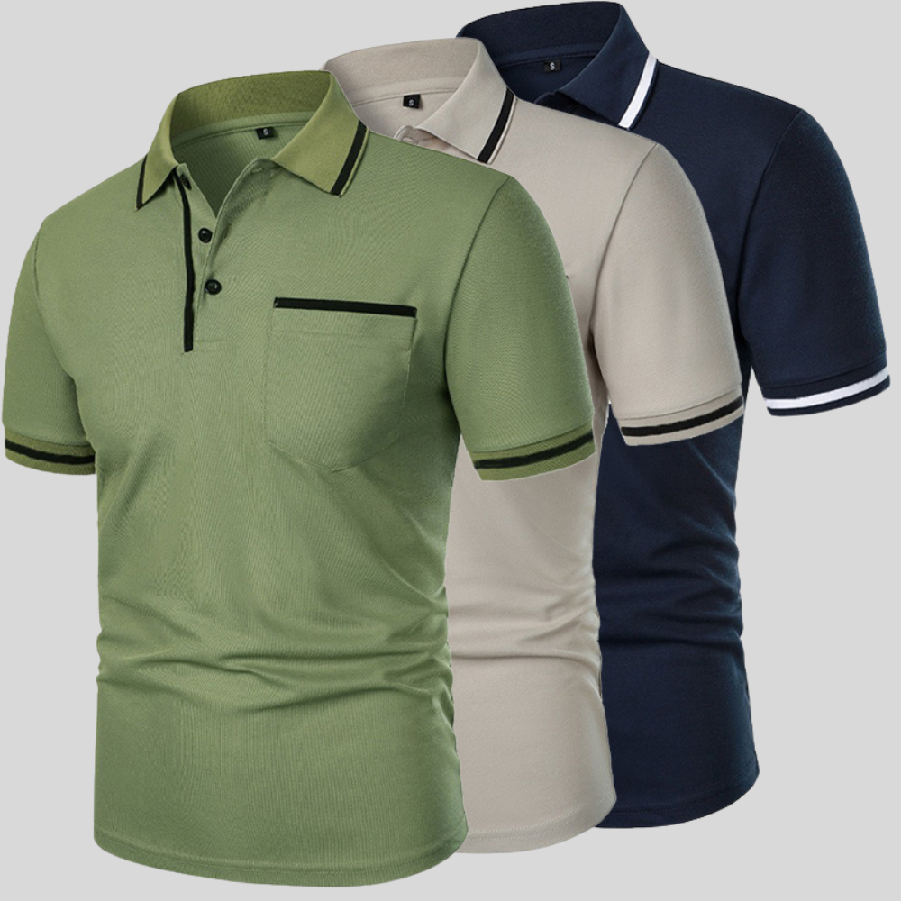 Assorted short-sleeve polo shirts in green, light gray, and navy blue with contrast trims.