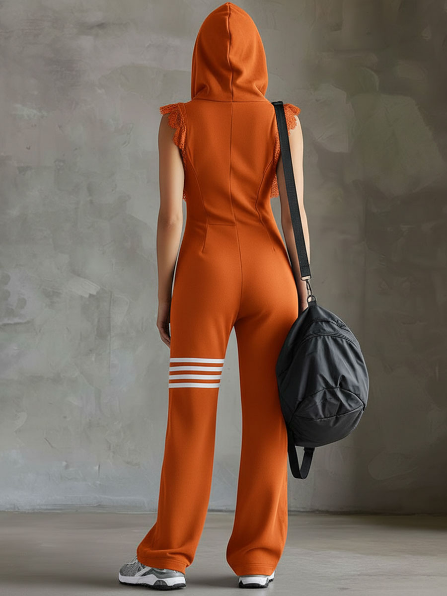 Orange zip-front hooded jumpsuit from back view with lace-trim shoulders and striped cuffs