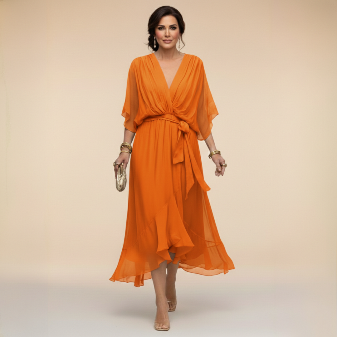 Orange V-neck wrap midi dress with tied waist and airy chiffon drape