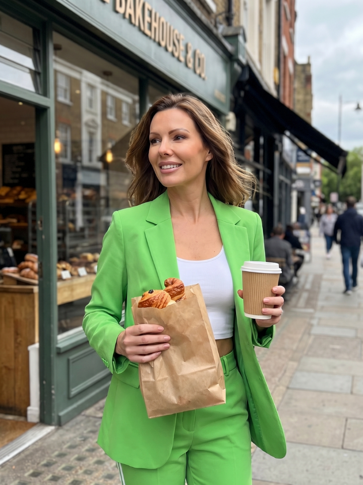 Green women's blazer set with notched blazer and wide-leg trousers with white side stripe