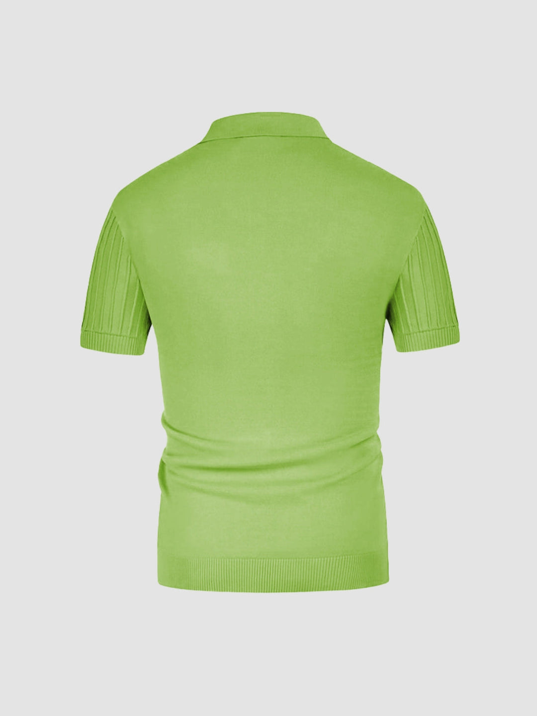 Men's green knit polo shirt with ribbed collar and short sleeves, back view.