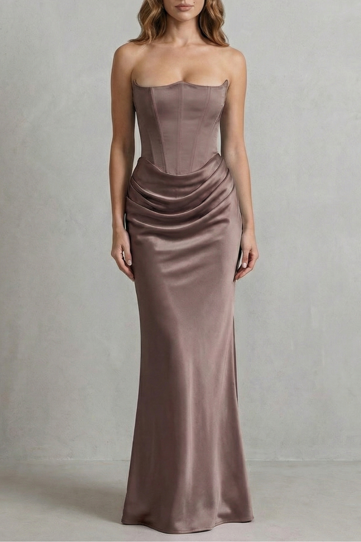Taupe strapless corset maxi dress with ruched satin drape at waist