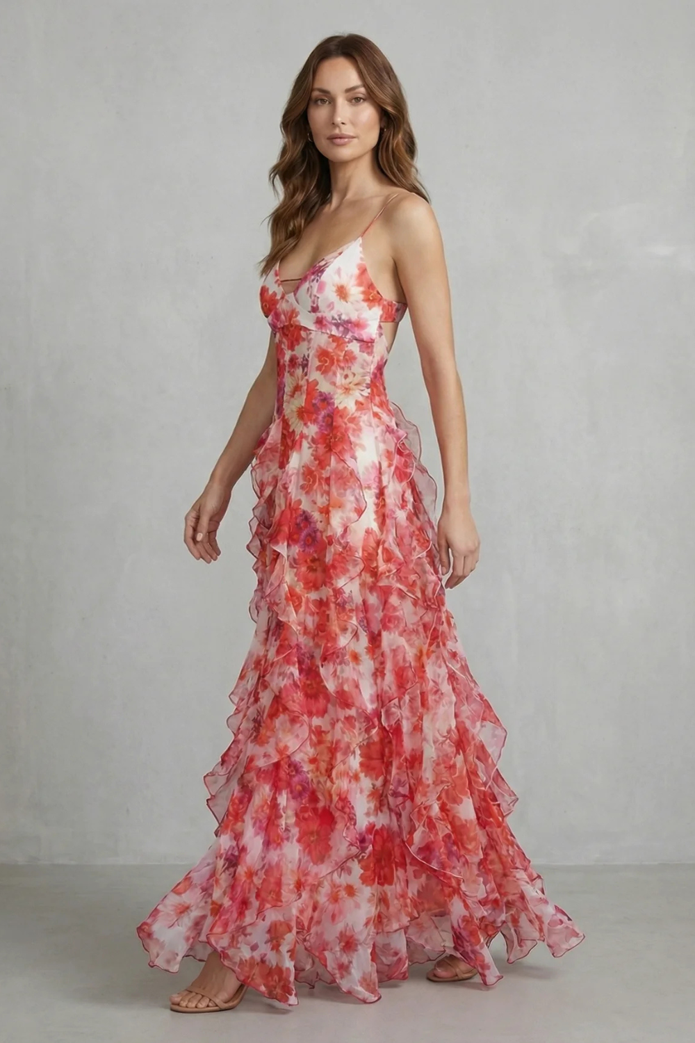 Rose red floral chiffon maxi dress with ruffled tiers and thin spaghetti straps