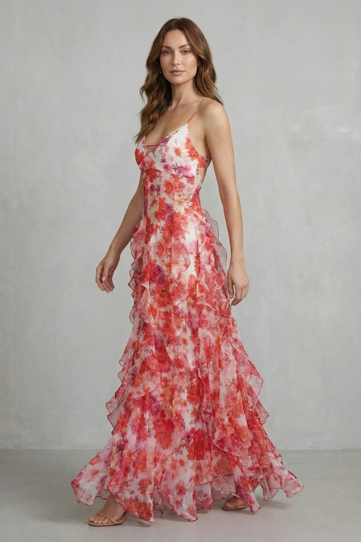 Rose red floral chiffon maxi dress with ruffled tiers and thin spaghetti straps