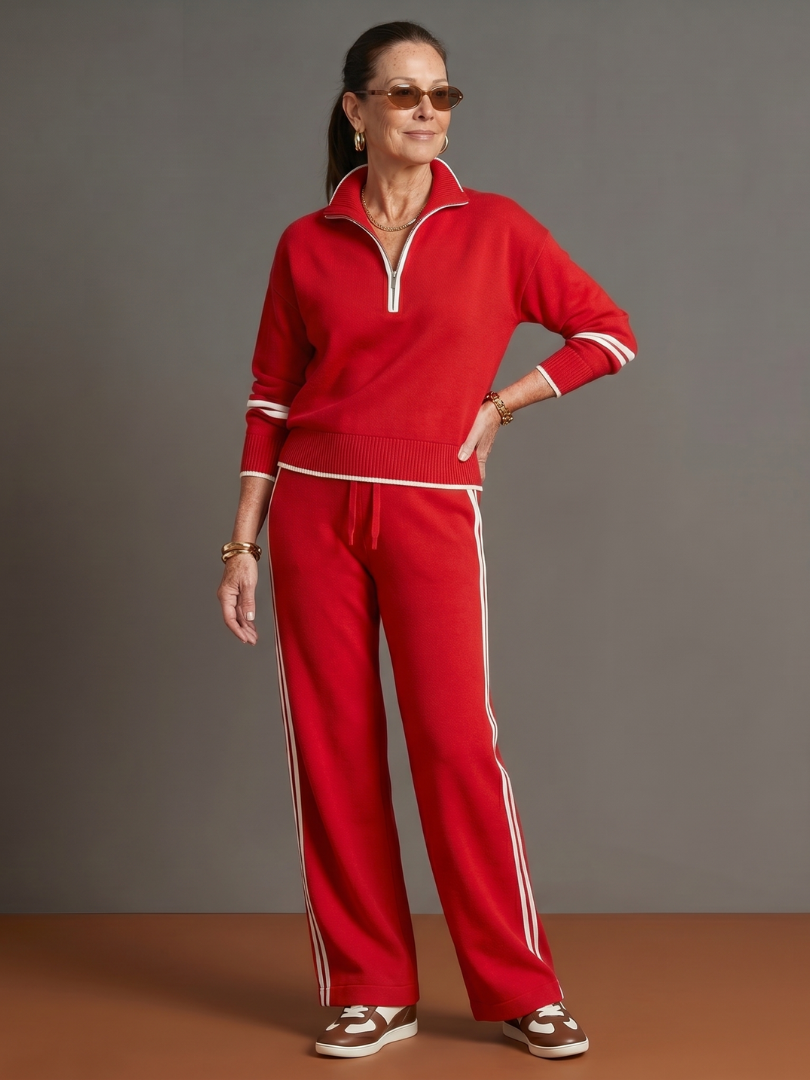 Red quarter-zip two-piece set with white trim: knit pullover and drawstring waist pants