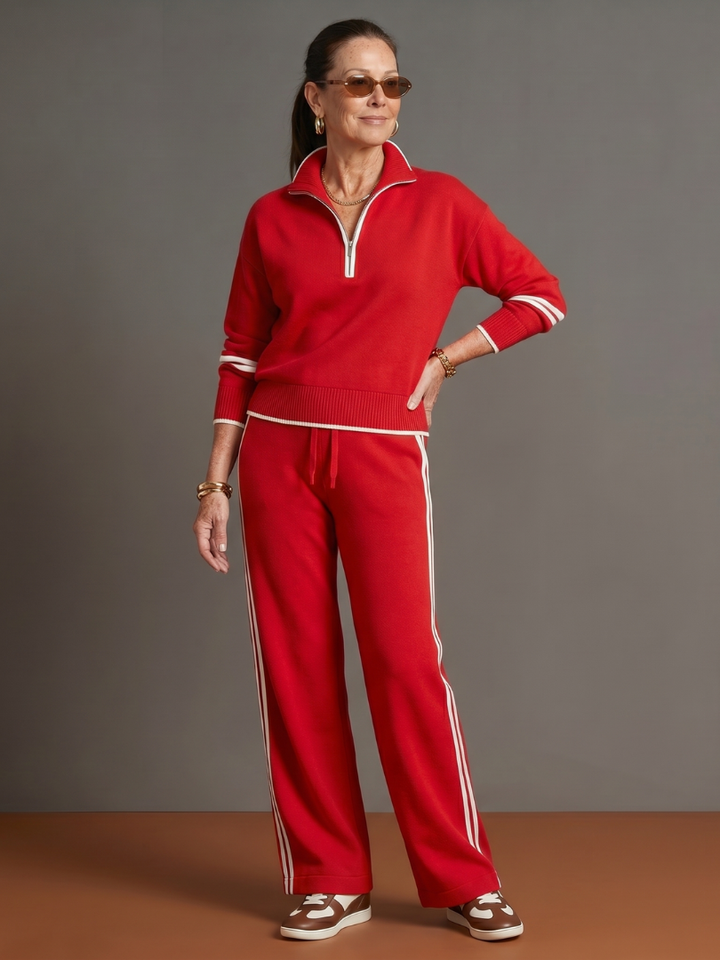 Red quarter-zip two-piece set with white trim: knit pullover and drawstring waist pants
