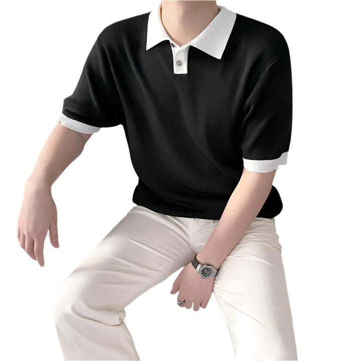 Men's wide-sleeve polo shirt, black knit with white collar and ribbed sleeve cuffs