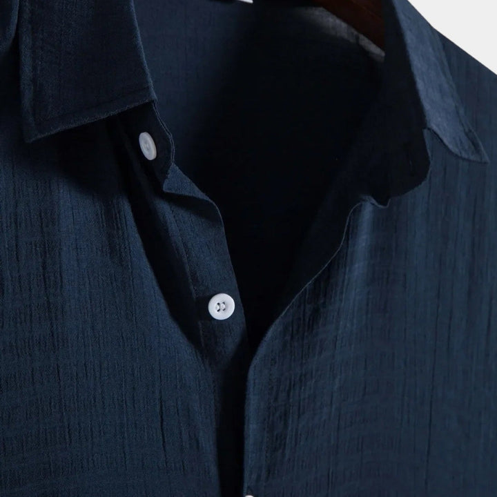 Navy summer shirt collar with button placket and small round buttons
