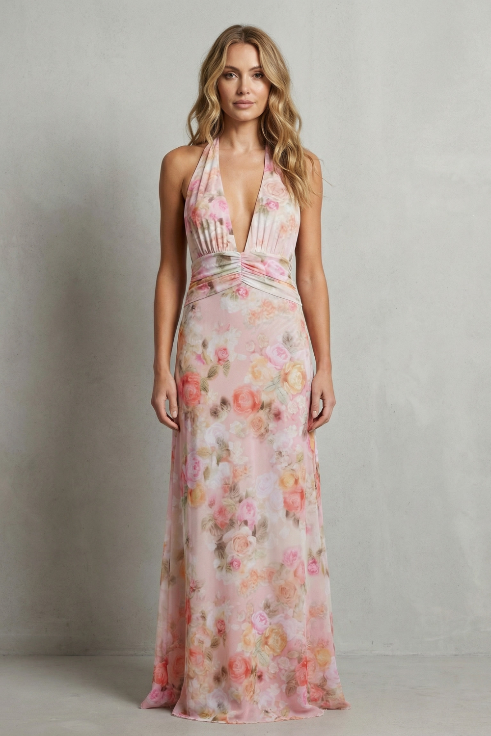 Pink floral deep V-neck maxi dress with halter-style straps and ruched waist