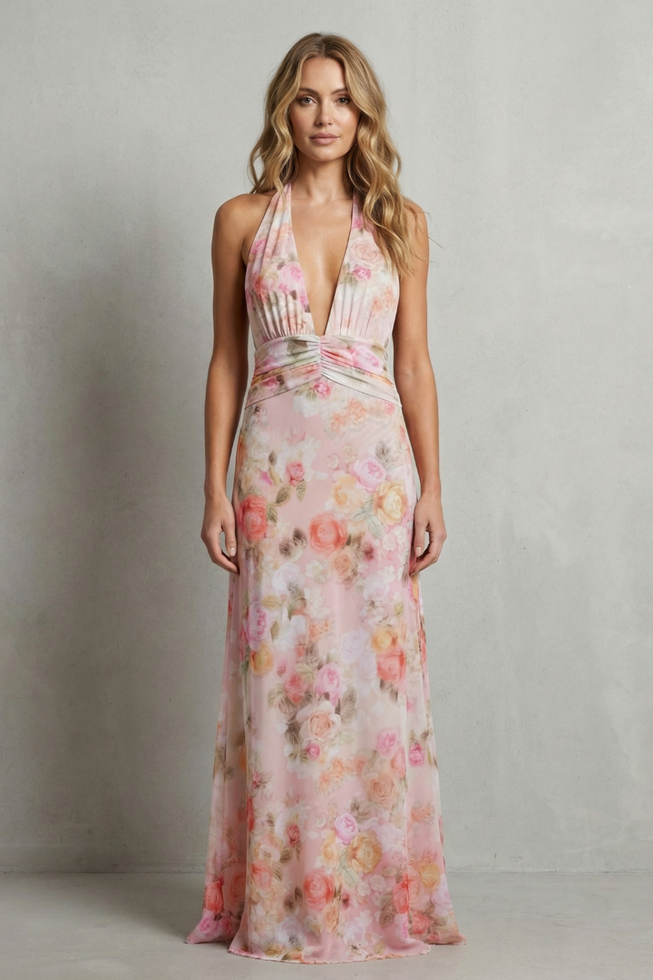 Pink floral deep V-neck maxi dress with halter-style straps and ruched waist