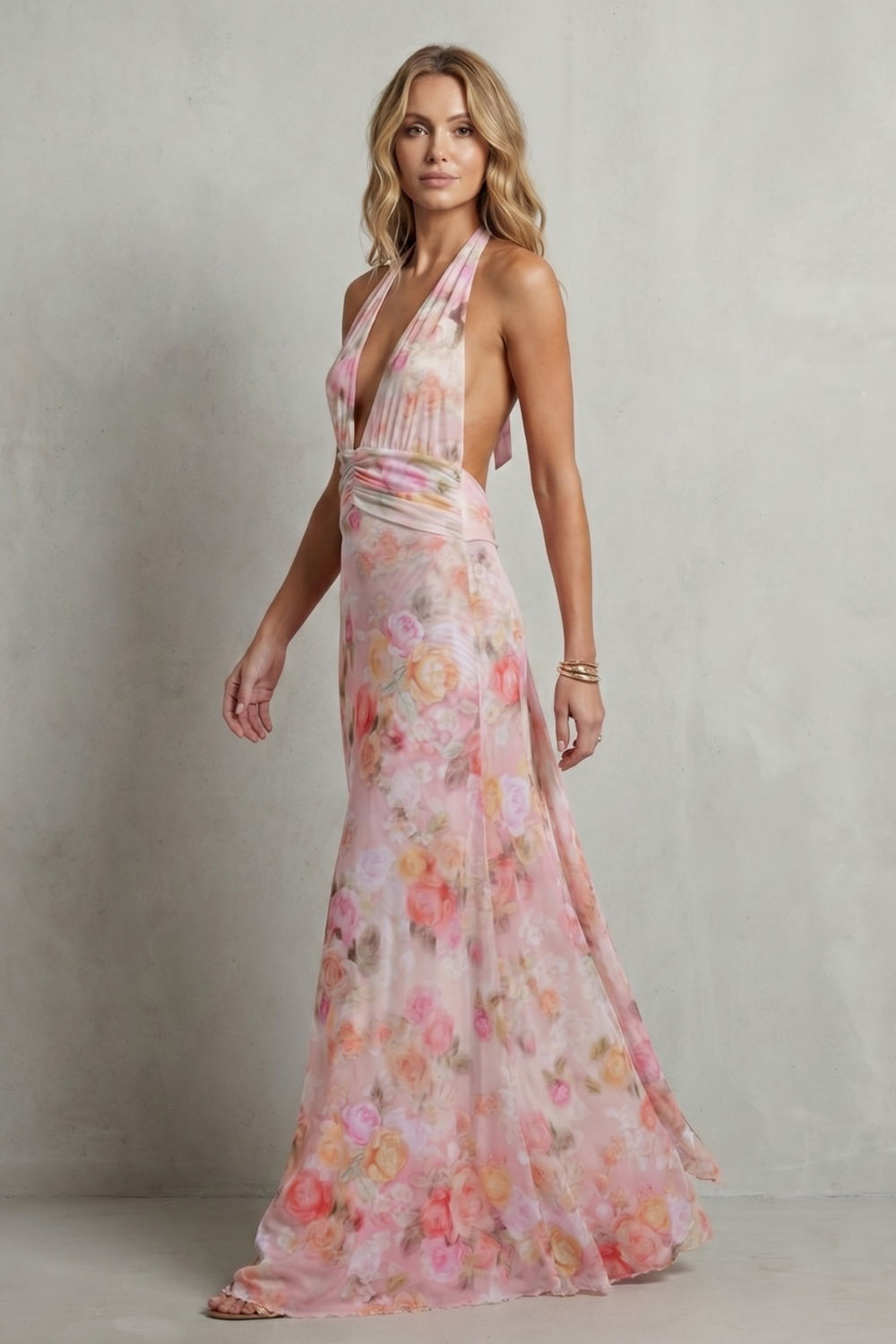 Pink floral deep V-neck maxi dress, sleeveless halter straps, flowing skirt